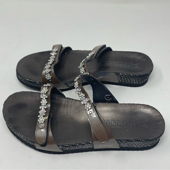 Mephisto "Ivana" Leather Rhinestone Wedge Sandals | Size 38 | Brown & Silver - Picture 2 of 12